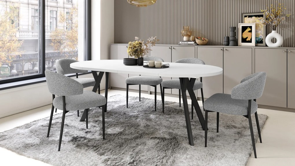 Mazzoni ALMO Alb Mat/picioare negre - MASĂ ROTUNDĂ EXTENSIBILĂ CU PICIOARE ÎN FORMĂ DE Y STIL LOFT PENTRU SALON/SUFRAGERIE