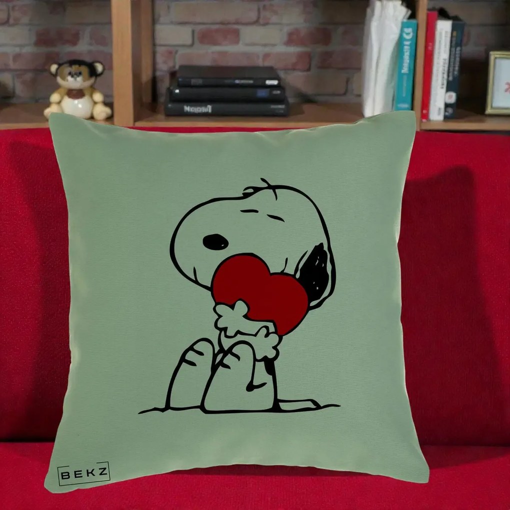 Perna Personalizata Snoopy cu Inima, 40x40 cm, Verde, Husa Detasabila, Perna Inclusa, BEKZ®