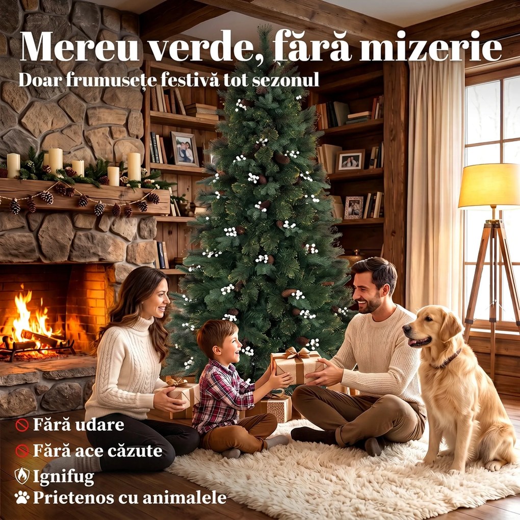 HOMCOM Brad artificial de Crăciun 180 cm, bogat și realist, 716 ramuri ignifuge, 63 bobițe albe, 63 bobițe mari | Aosom Romania