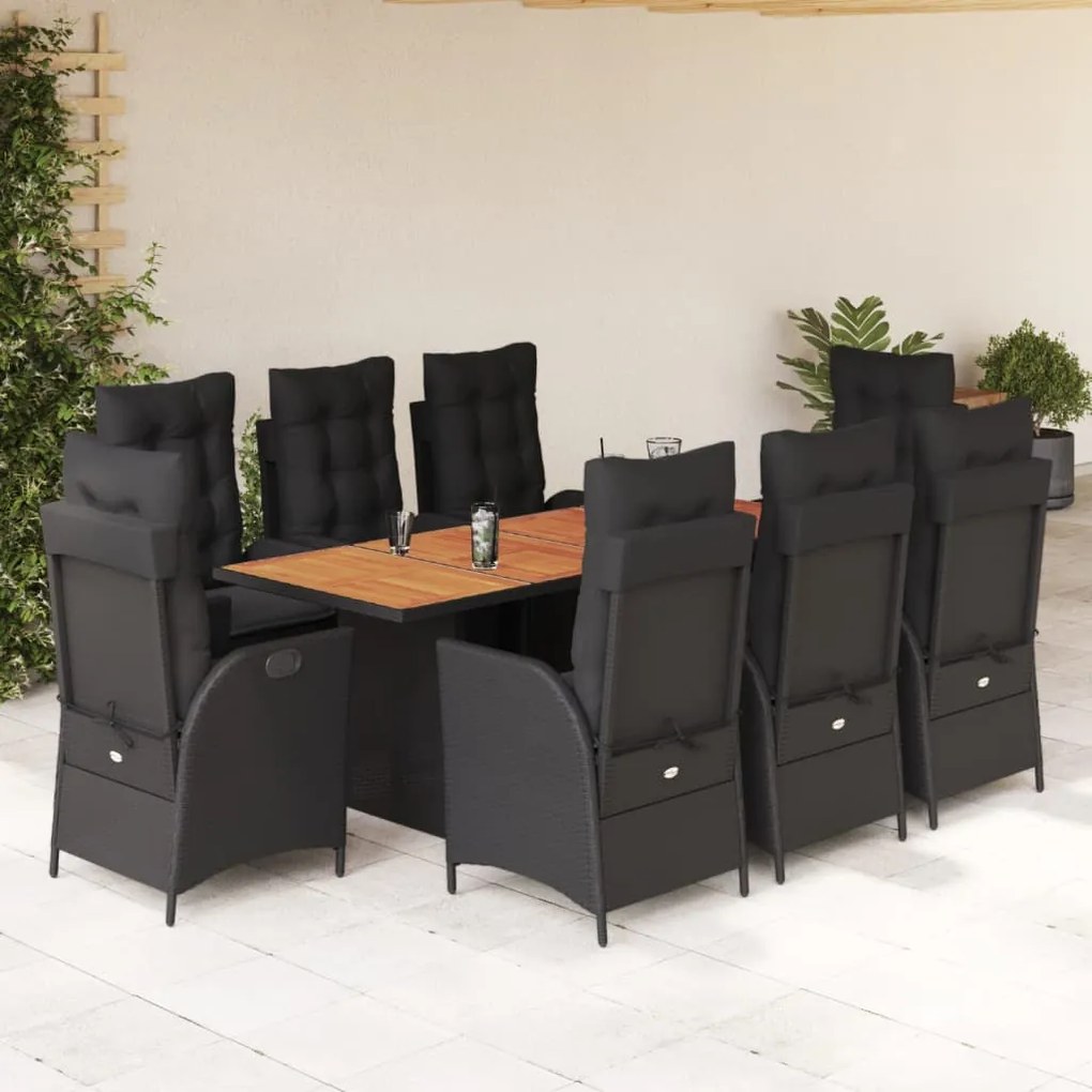 3213140 vidaXL Set mobilier de grădină cu perne, 9 piese, negru, poliratan