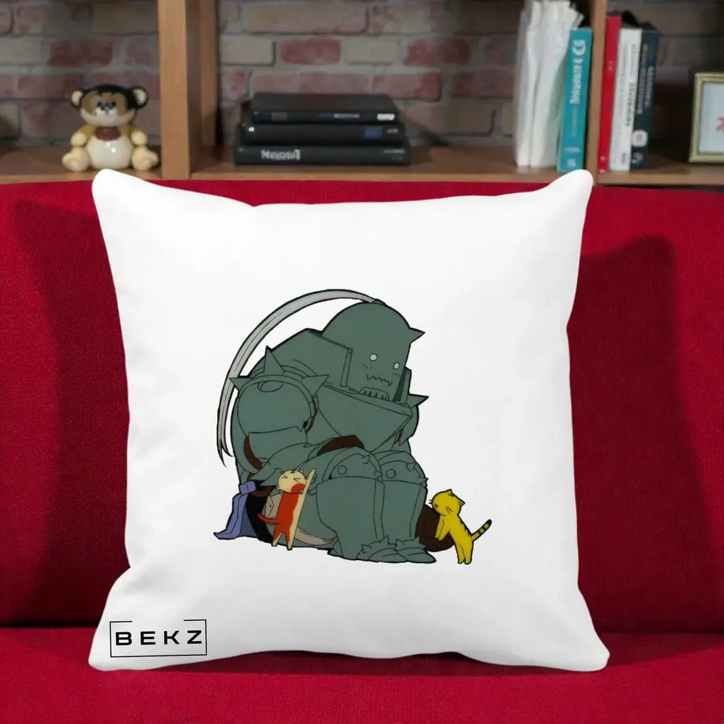 Perna Personalizata Fullmetal Alchemist Alphonse cu Pisici, 40x40 cm, Alba Mata, Husa Detasabila, Perna Inclusa, BEKZ®