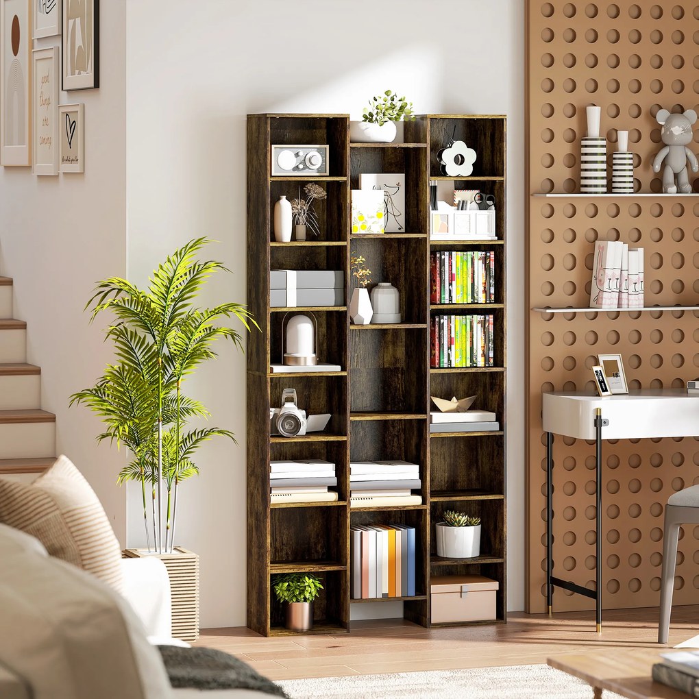 HOMCOM Bibliotecă modernă din lemn înaltă 181 cm cu 21 de compartimente și 10 rafturi reglabile, Maro Rustic | Aosom Romania