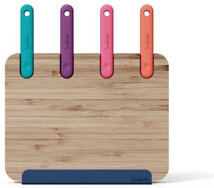 Tocator cu 4 cutite Trebonn Block 1320109, 30x20 cm, Bambus, Otel japonez, Multicolor