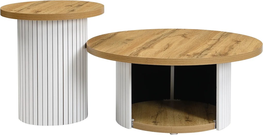 Set de 2 măsuțe de cafea rotunde, masă principală și măsuță laterală cu compartiment de depozitare, 75x75x50/45x45x35 cm, Culoare naturală