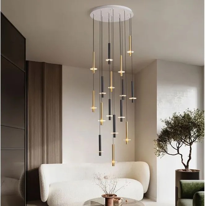 Lustra cu 16 Pendule tub subtire aluminiu auriu si negru LED NOEMI