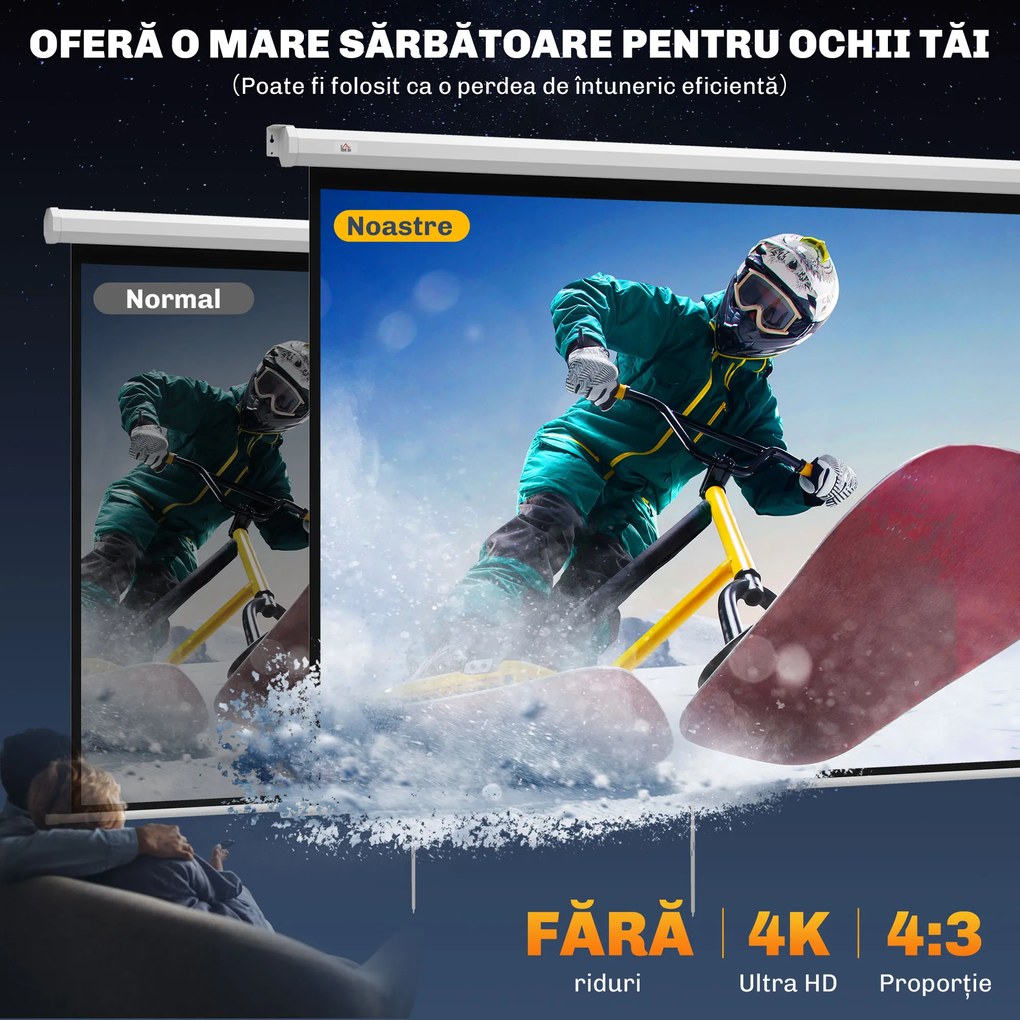 HOMCOM Ecran de Proiecție 84 Inch Format 4:3, Ecran Rulabil cu Unghi de 160° și Montare pe Tavan sau Perete, 181x8x138 cm, Alb | Aosom Romania