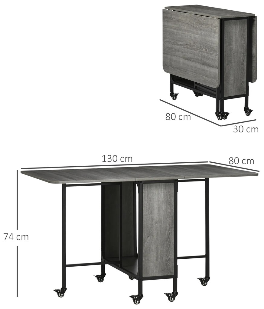 HOMCOM Masă Pliabilă, Rabatabilă pentru 4-6 Persoane cu Raft și 6 Roți, din Lemn și Metal, 130x80x74 cm, Gri | Aosom Romania