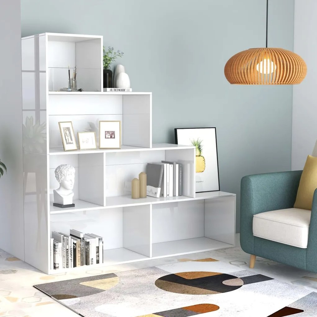 800663 vidaXL Bibliotecă/Separator, alb lucios, 155x24x160 cm, lemn prelucrat