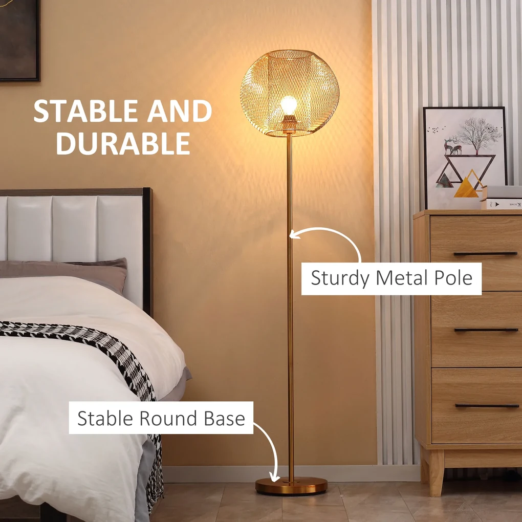 HOMCOM Lampă de Podea Auriu, Design Modern cu Abajur, Ideală pentru Camera de Zi și Dormitor, E27 40W, Metal | Aosom Romania