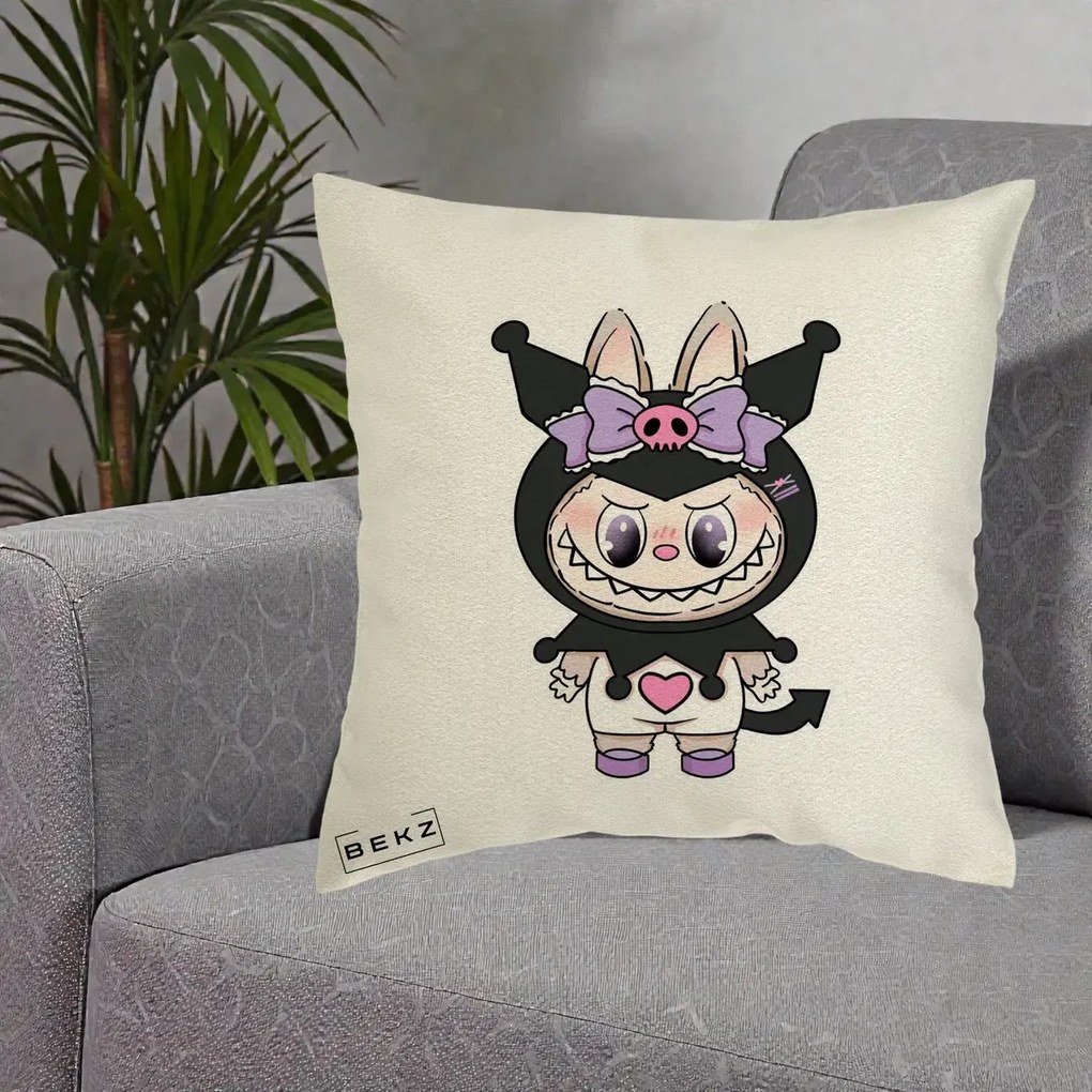 Perna Personalizata Labubu x Kuromi, 40x40 cm, Ecru, Husa Detasabila, Perna Inclusa, BEKZ®