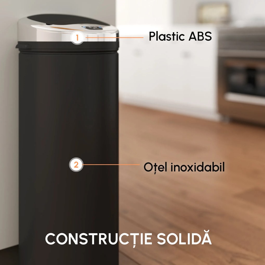 HOMCOM Coș de Gunoi Inteligent cu Senzor, 50L, Oțel Inox și Plastic, Negru, 30.5x30.5x81.5cm | Aosom Romania