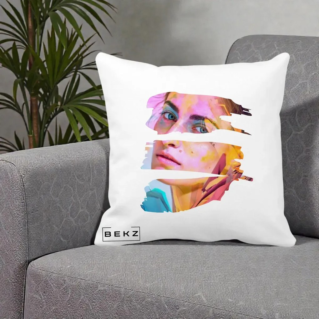 Perna decorativa Portret Femeie Fragmentat Colorat, 40x40 cm cu Umplutura, Alb Mat, BEKZ