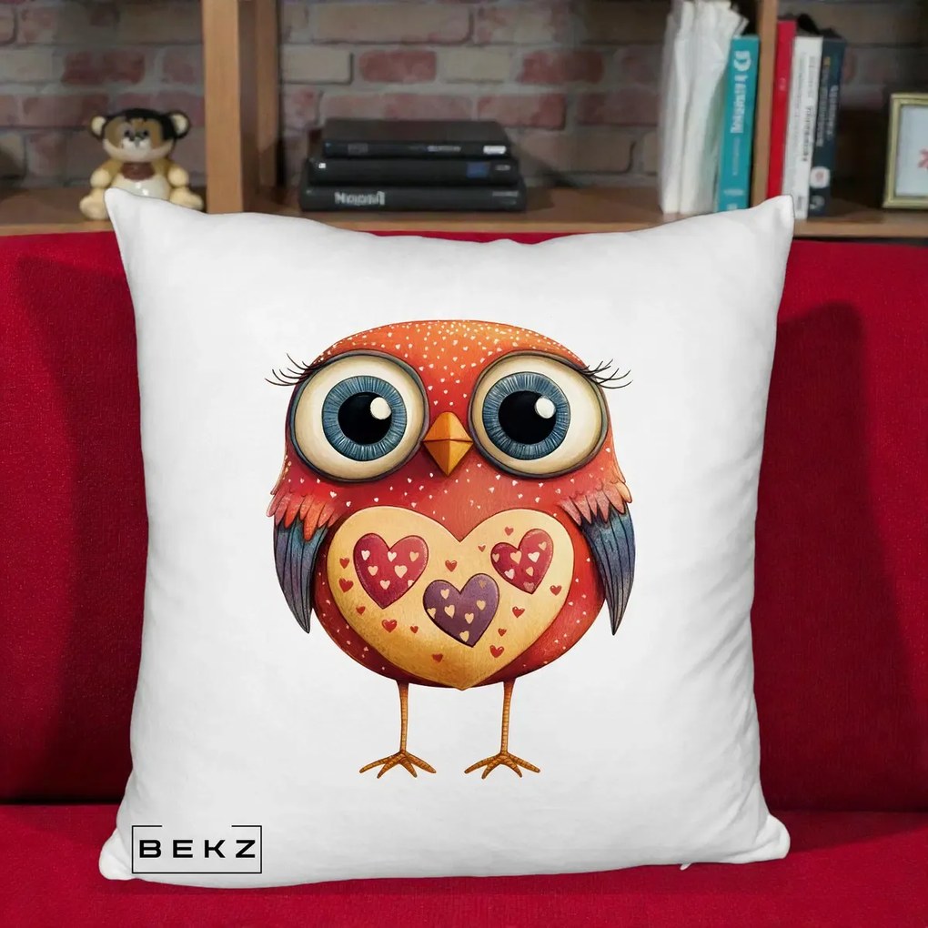 Perna Decorativa Bufnita Rosie cu Inimi Aurii, 40x40 cm, Alb Pufos, Husa Detasabila, Perna Inclusa, BEKZ®