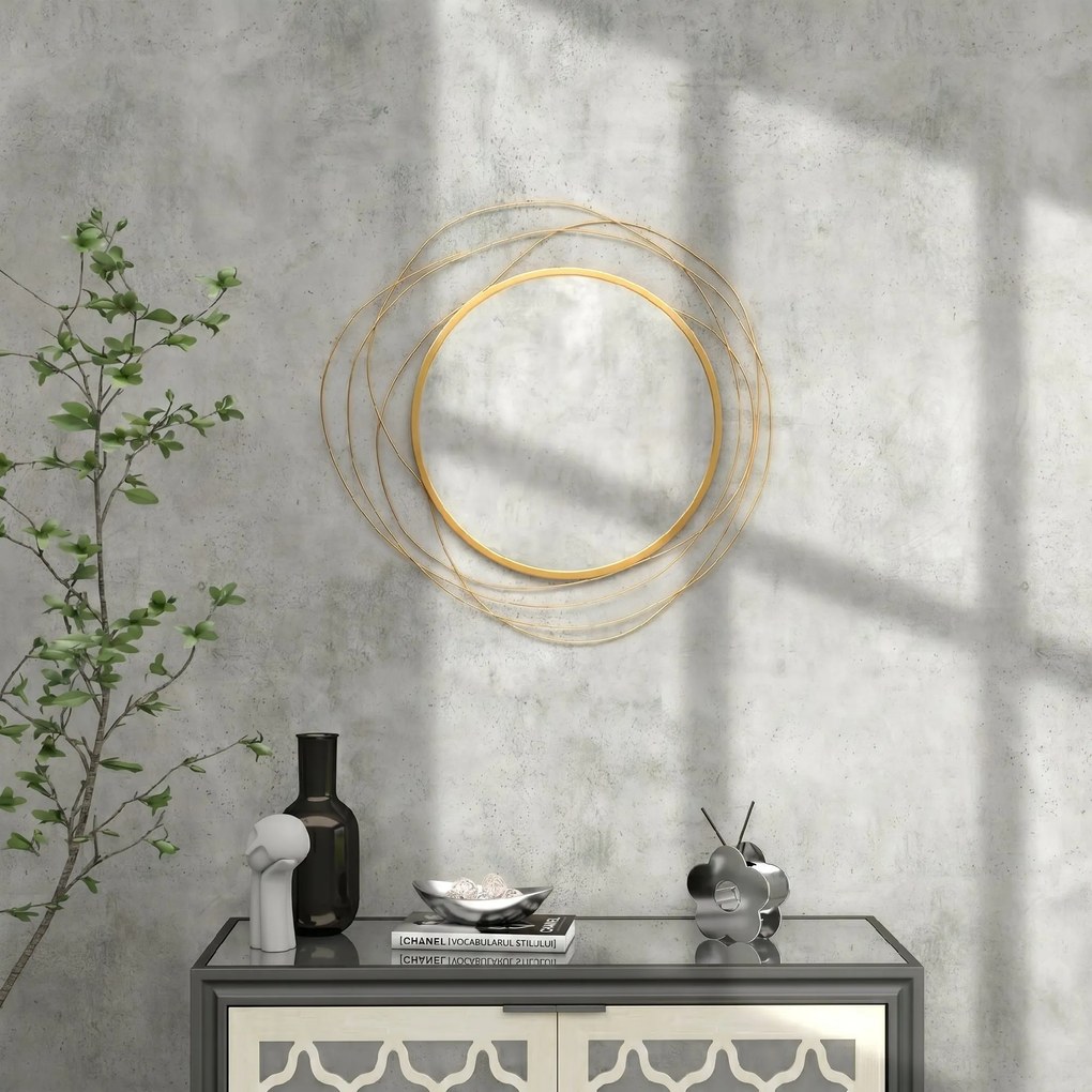 HOMCOM Decor Oglindă de Perete, Artă Metalică de Perete, Oglindă Rotundă pentru Living, Dormitor, Sufragerie, 65x65x1 cm, Auriu | Aosom Romania