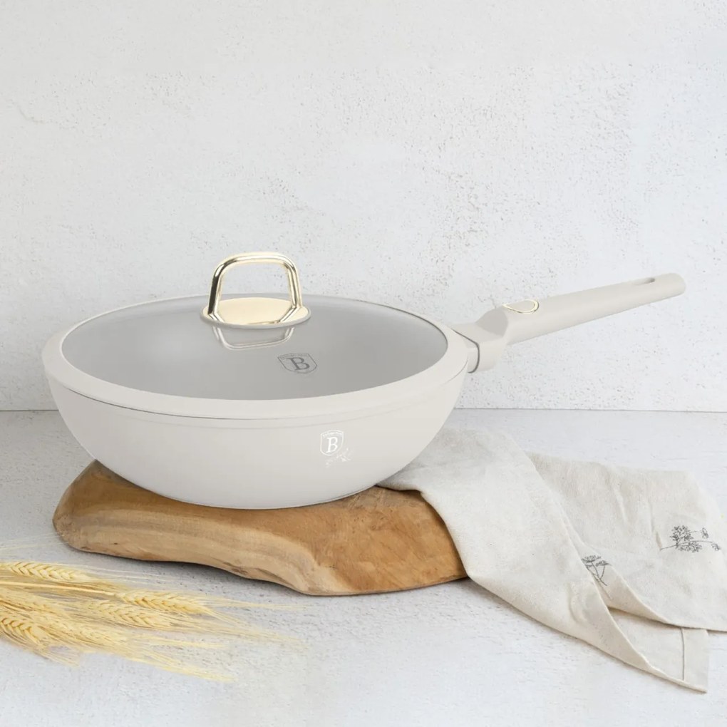 Tigaie wok cu capac 28 cm, 3,2L Sahara Berlinger Haus BH 8064, antiaderenta, crem