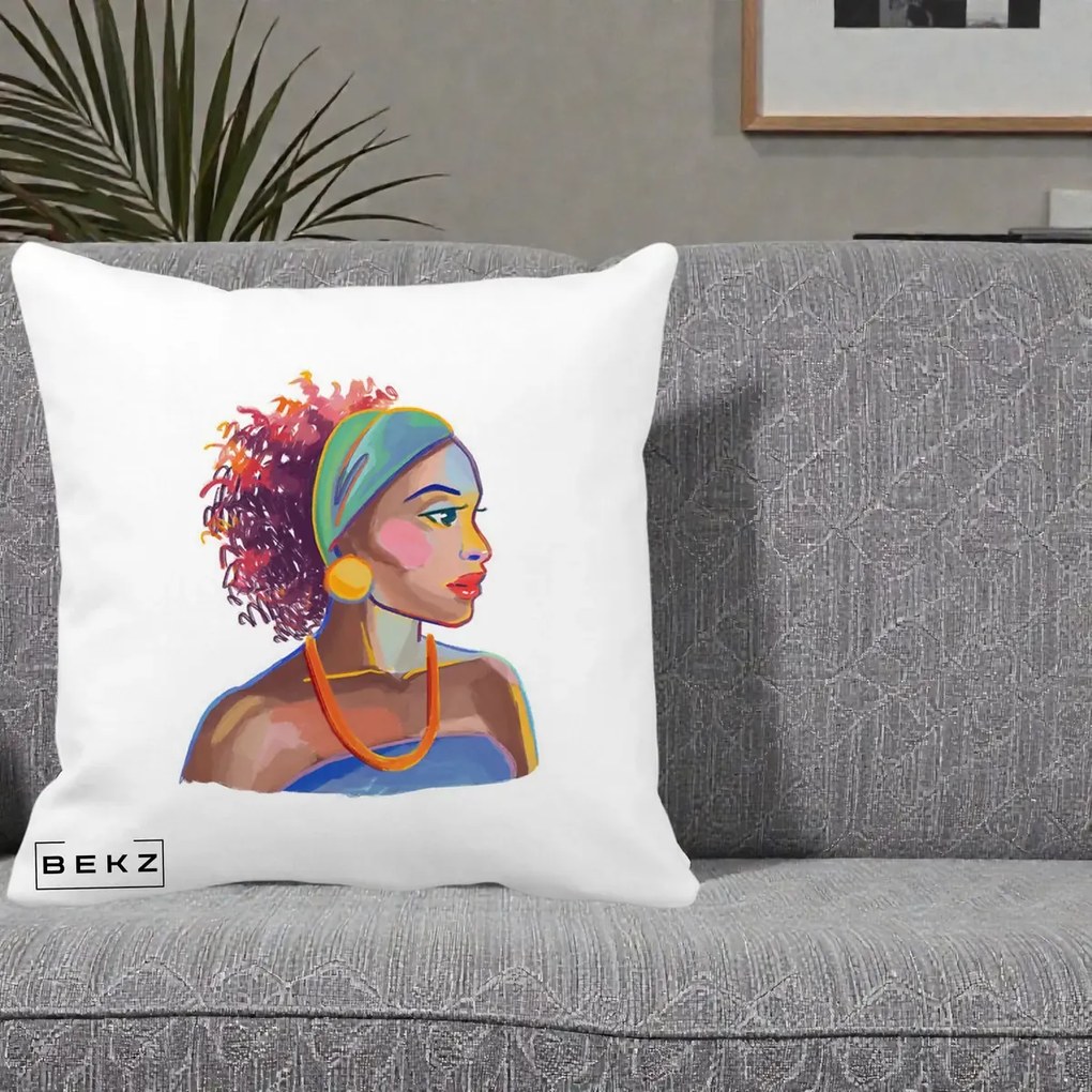 Perna Decorativa Portret Femeie Urbana Acuarela, 40x40 cm, Alba Mata, Husa Detasabila, Perna Inclusa, BEKZ®