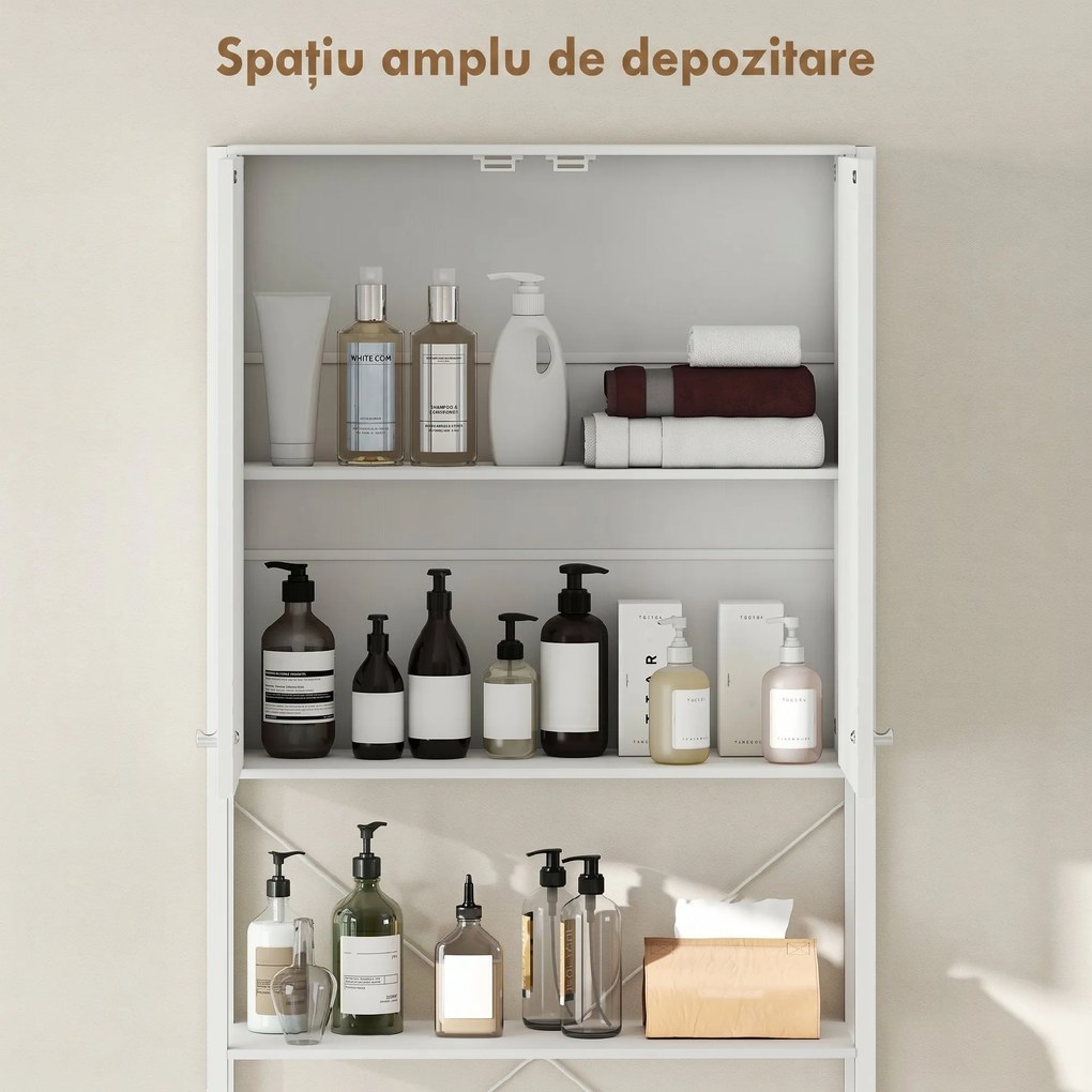 Mobilier HOMCOM pentru Baie Deasupra WC-ului cu Dulap și Raft Deschis, Mobilier Salvaspazio cu Picioare din Metal pentru Baie și Spălătorie, 64x20x180 cm, Alb | Aosom Romania