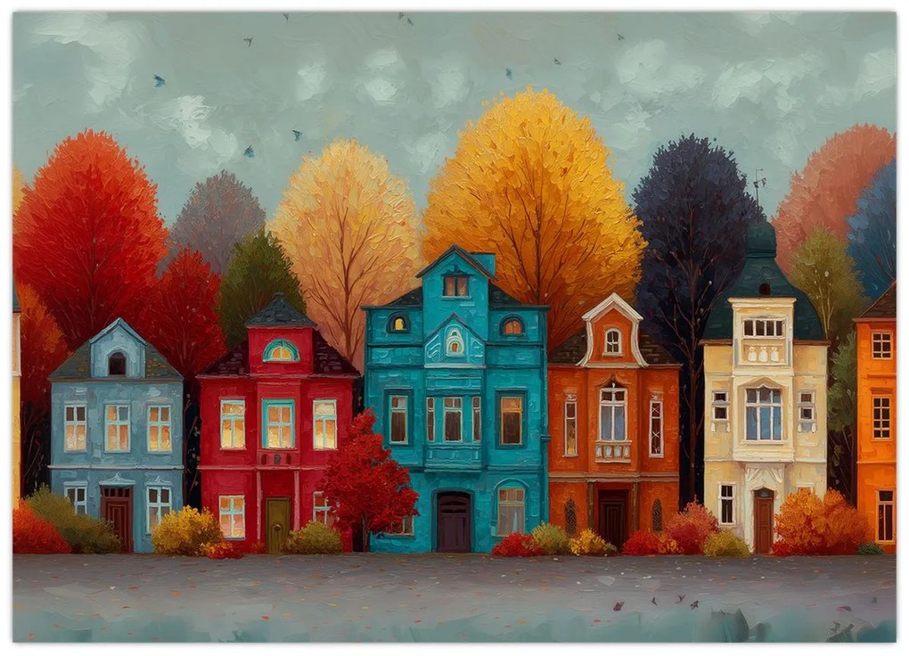 Tablou pe sticlă - Oraș de toamnă pictat (70x50 cm)