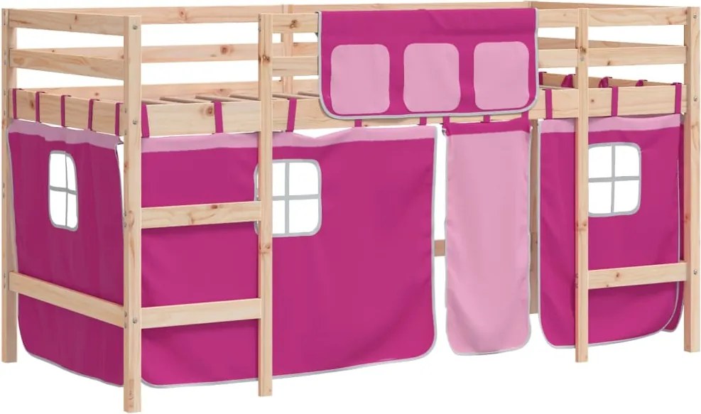 vidaXL Pat etajat de copii cu perdele, roz, 80x200 cm, lemn masiv pin
