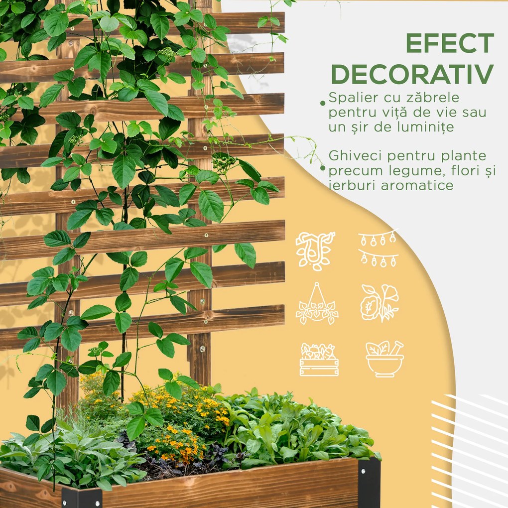 Outsunny Jardiniera cu Spalier pentru Plante Agatatoare si Roti, Jardiniera din Lemn de Brad cu Design Autodrenant, 65x31x147 cm, Maro Carbonizat