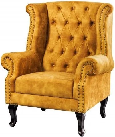 Fotoliu stil englezesc Chesterfield, catifea galben mustar