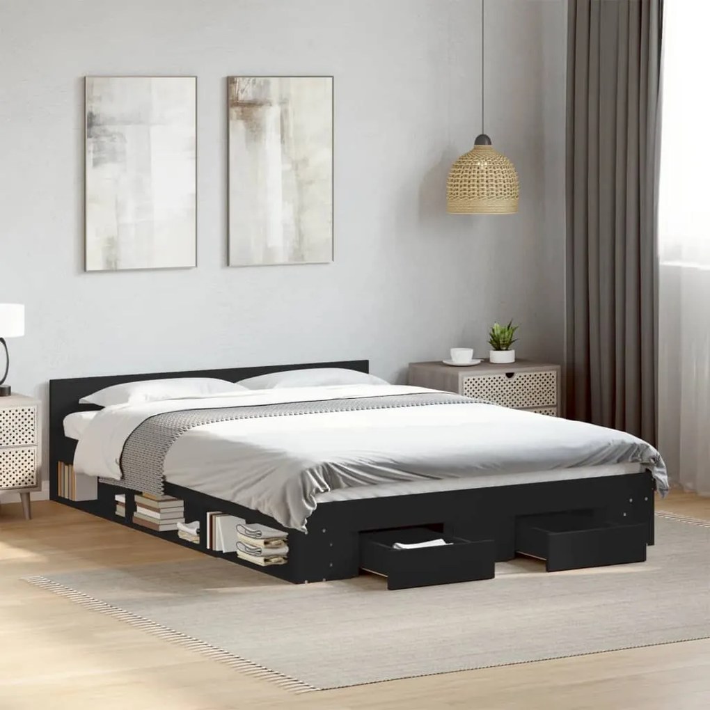 vidaXL Cadru pat cu sertare negru extralucios 150x200cm lemn prelucrat