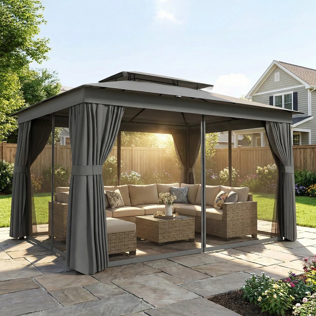 Outsunny Pavilion de Grădină 3,8x3 m cu Perdele, Plasă de Țânțari, Cârlige, Pavilion de Exterior cu Acoperiș Dublu, Orificii de Drenaj, Structură Metalică, pentru Grădină, Terasă, Petreceri, UV30+, Gri Închis | Aosom Romania