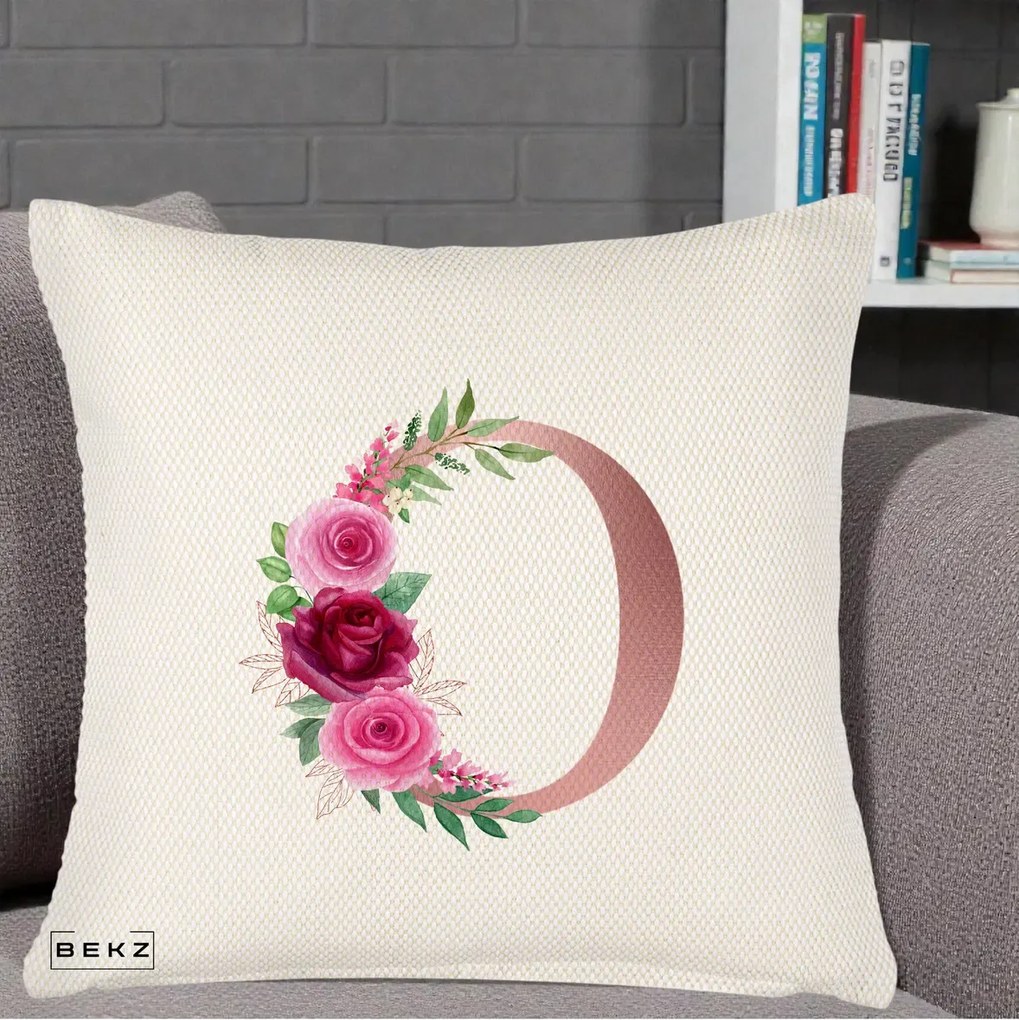 Cadou Personalizat - Perna Personalizata Monograma Rose Gold Litera O, 40x40 cm, Crem Reliefat, Husa Detasabila, Perna Inclusa, BEKZ®