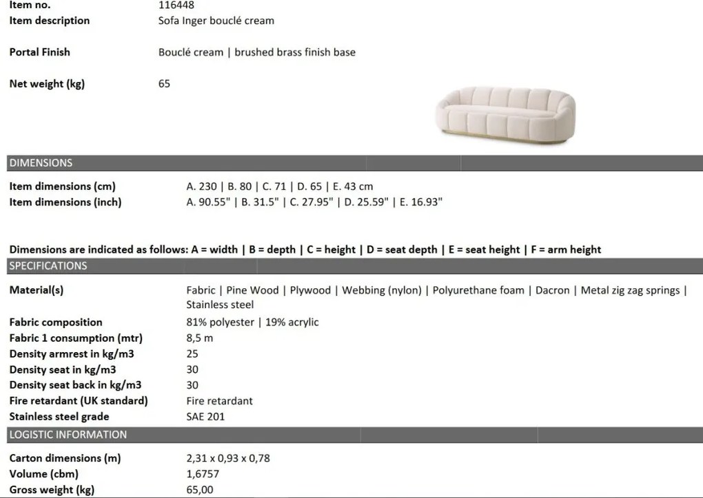 Canapea fixa design elegant LUX Inger, Boucle cream