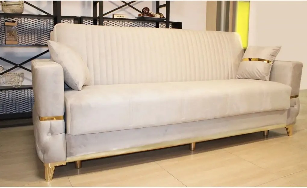 Canapea extensibila cu lada de depozitare 220x90x97 cm – stofa bej, insertii aurii – Vegas