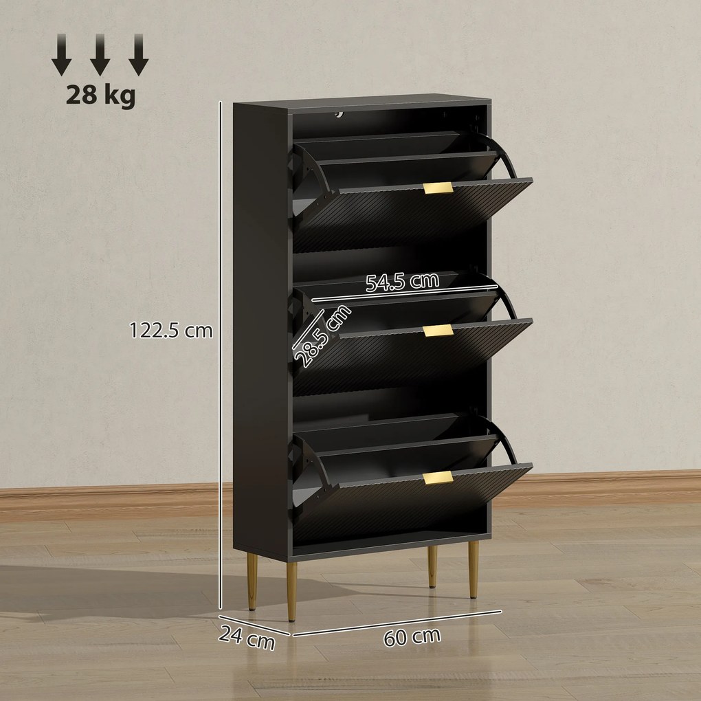 HOMCOM Mobilier pentru pantofi 18 perechi cu 3 sertare rabatabile, uși canelate și rafturi reglabile, 60x24x122,5cm, negru | Aosom Romania