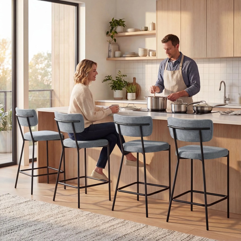 HOMCOM Set de 2 Scaune de Bar cu Spătar și Tapițate, Scaune Înalte din Material Textil cu Bară pentru Sprijinirea Picioarelor și Structură Metalică, Ușor de Asamblat, Gri Deschis | Aosom Romania