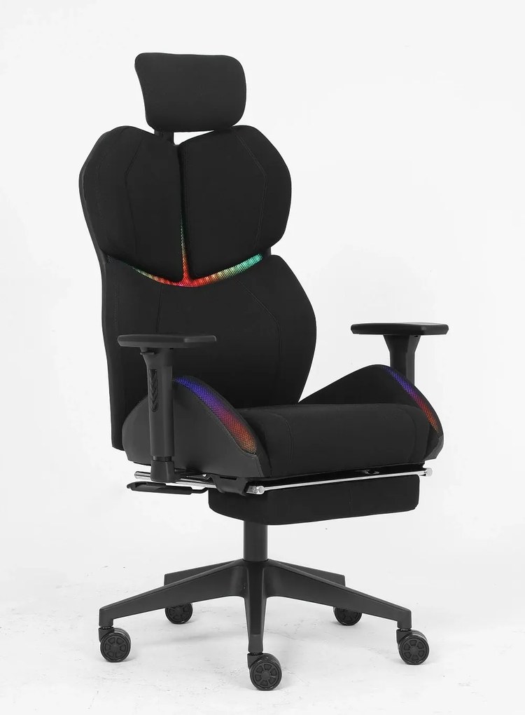 LUMINA X-Motion Pro –Scaun Gaming & Office Premium cu LED RGB, Masaj Lombar, Translatie Sezut și Suport pentru Picioare – Confort Inteligent și Design Spectaculos, Textil, Negru