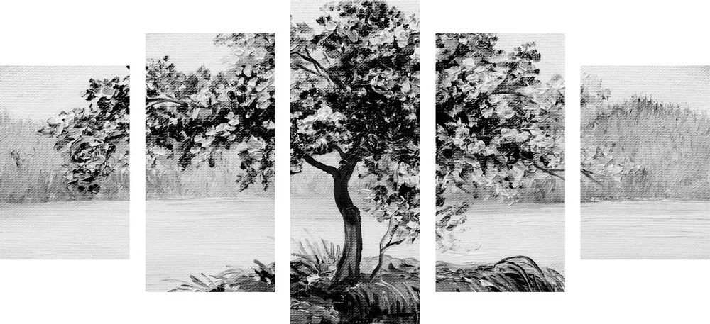 Tablou 5-piese cireș oriental în design alb-negru