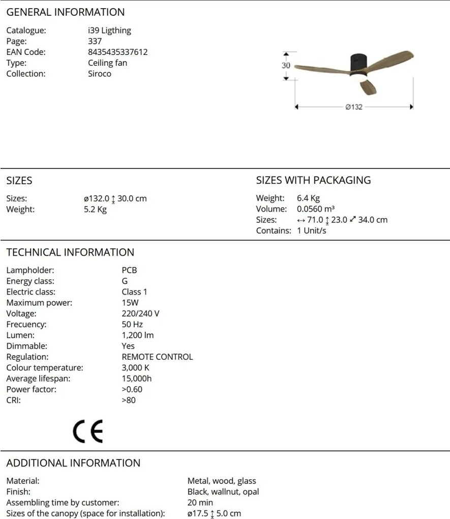 Lustra LED cu Ventilator si telecomanda Siroco D-132cm negru/nuc