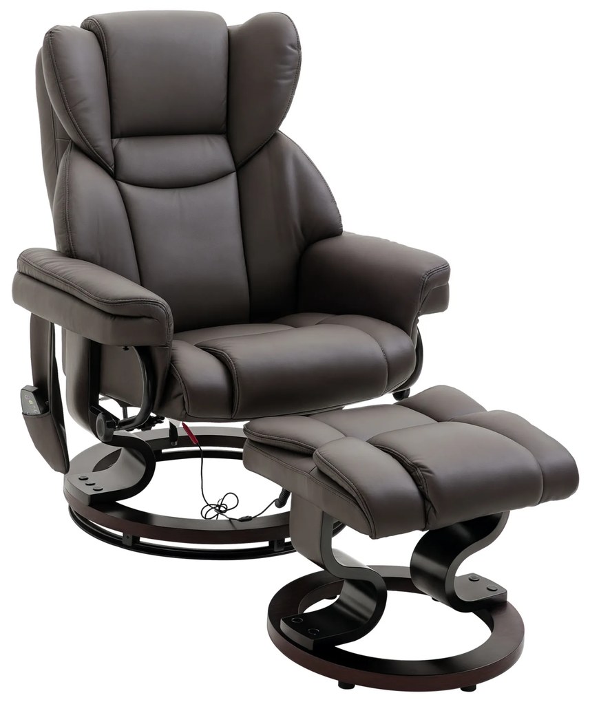 HOMCOM fotoliu relax cu taburet, fotoliu TV rotativ 360° cu masaj, funcție șezlong, fotoliu cu masaj și buzunar lateral, fotoliu recliner, piele ecologică pentru living maro | Aosom Romania