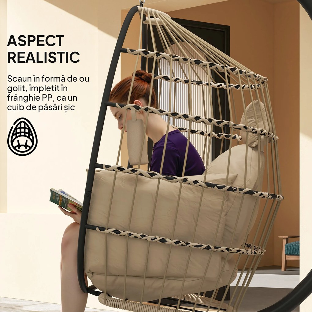 Outsunny Fotoliu Suspendat Tip Ou cu Lanț Reglabil, 2 Perne Detașabile și Suport pentru Pahare, Scaun Balansoar Pliabil pentru Grădină, Bază în X din Oțel, pentru Interior și Exterior, 120x88x192 cm, Bej | Aosom Romania