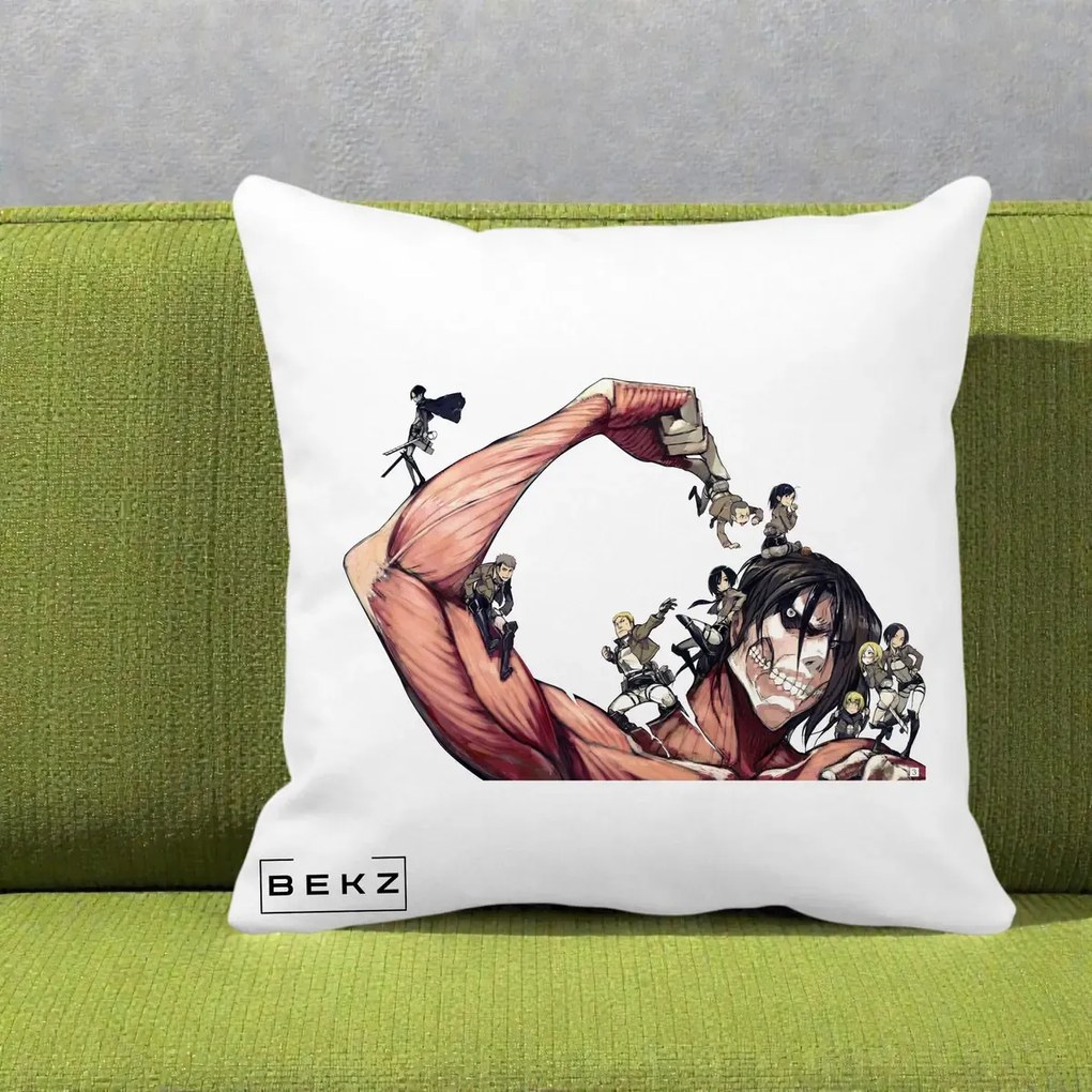 Perna Personalizata Attack on Titan Eren Titan Grup, 40x40 cm, Alba Mata, Husa Detasabila, Perna Inclusa, BEKZ®