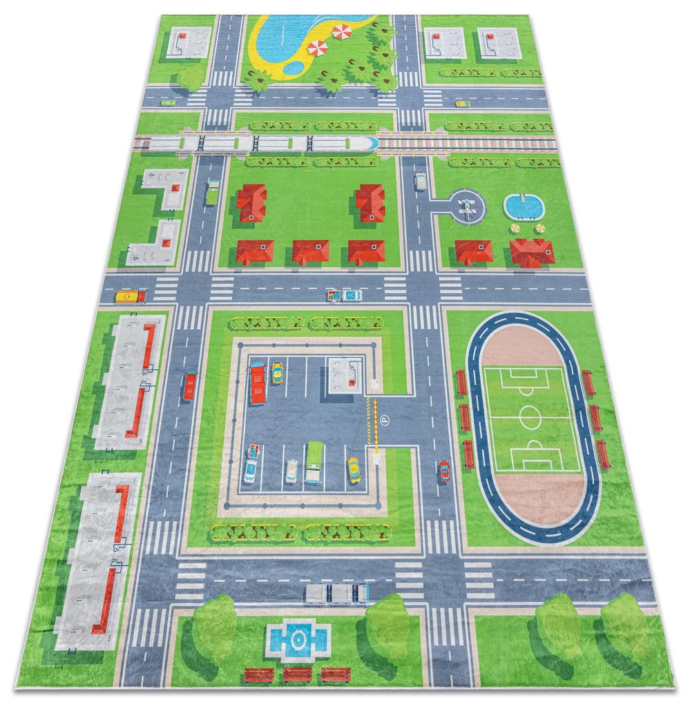 BAMBINO 2624 covor lavabil Oraș, străzi pentru copii anti-alunecare - verde / gri