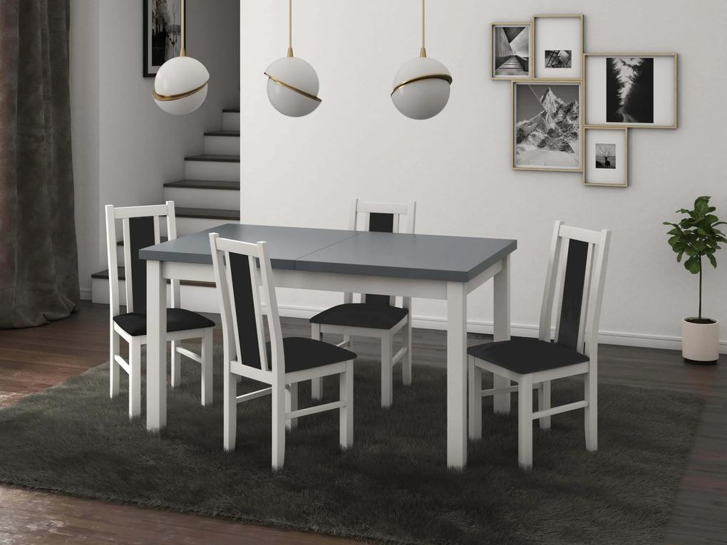 Set masa living Modena1 BG cu 4 scaune Boss14 B24Z, alb/grafit, extensibila 140/180 cm, lemn masiv/stofa/pal