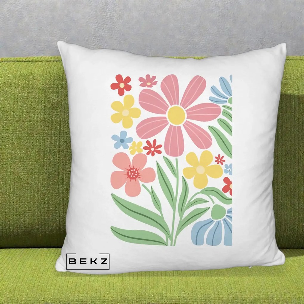Perna Decorativa Flori Grafice Roz Pastel, 40x40 cm, Alb Pufos, Husa Detasabila, Perna Inclusa, BEKZ®