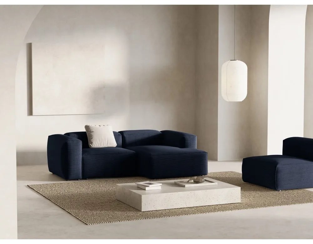 Colțar albastru închis cu tapițerie din catifea reiată (cu colț pe partea dreaptă/cu șezlong) Bergamo – Cosmopolitan Design