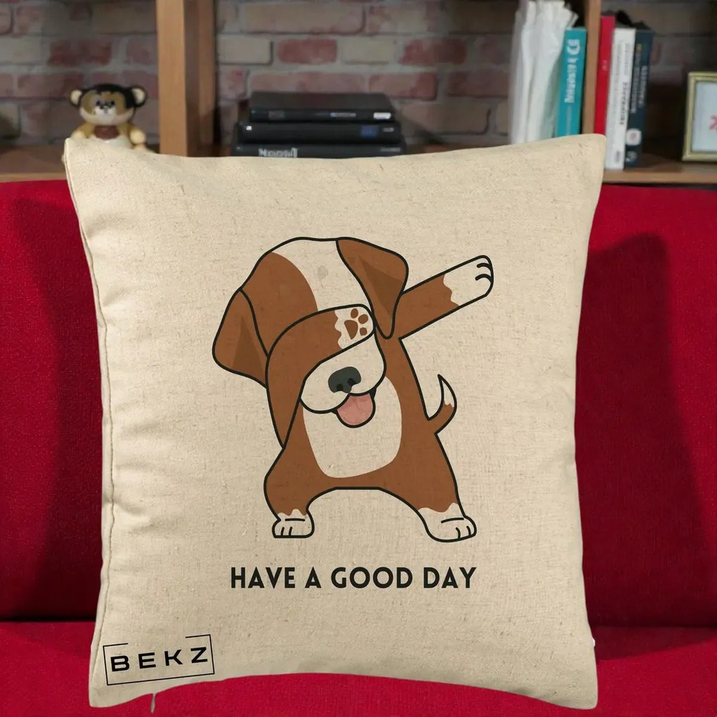 Perna Decorativa Caine Dab Have A Good Day, 40x40 cm, Bej, Husa Detasabila, Perna Inclusa, BEKZ®