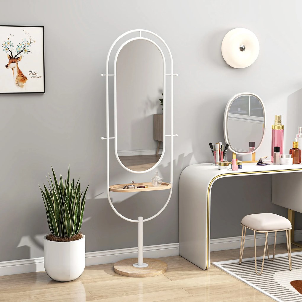 HOMCOM Oglindă de Corp Intreg 175,5x50 cm cu Tavă din Lemn 4 Cârlige și Rama de Metal pentru Salon Dormitor Alb | Aosom Romania