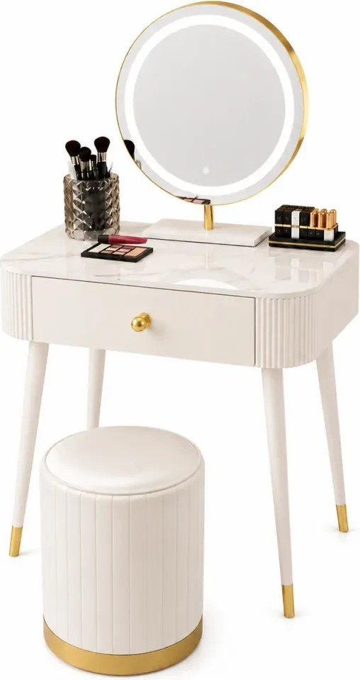Set VICTORIA GLAM – Masă de Toaletă pentru Machiaj, cu Oglindă LED și Taburet, Accente Aurii și Blat cu efect marmură, Alb