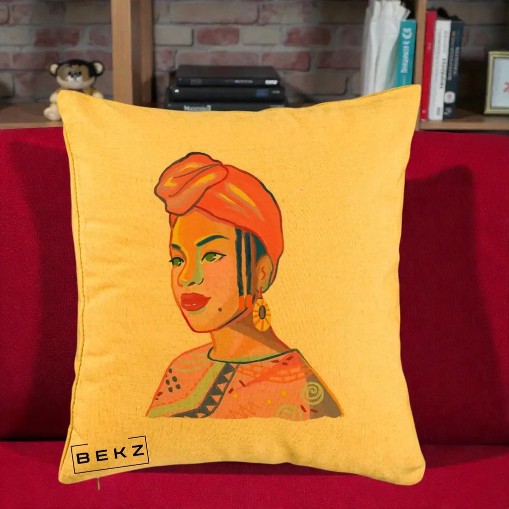 Perna Decorativa Portret Femeie Africana, 40x40 cm, Galben, Husa Detasabila, Perna Inclusa, BEKZ®