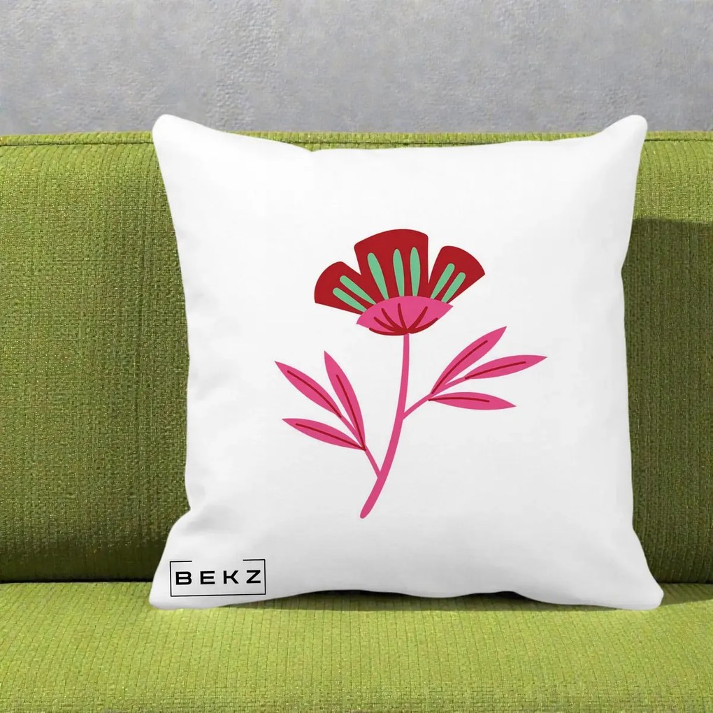 Perna Decorativa Floare Macul Roz-Rosu Grafic, 40x40 cm, Alba Mata, Husa Detasabila, Perna Inclusa, BEKZ®