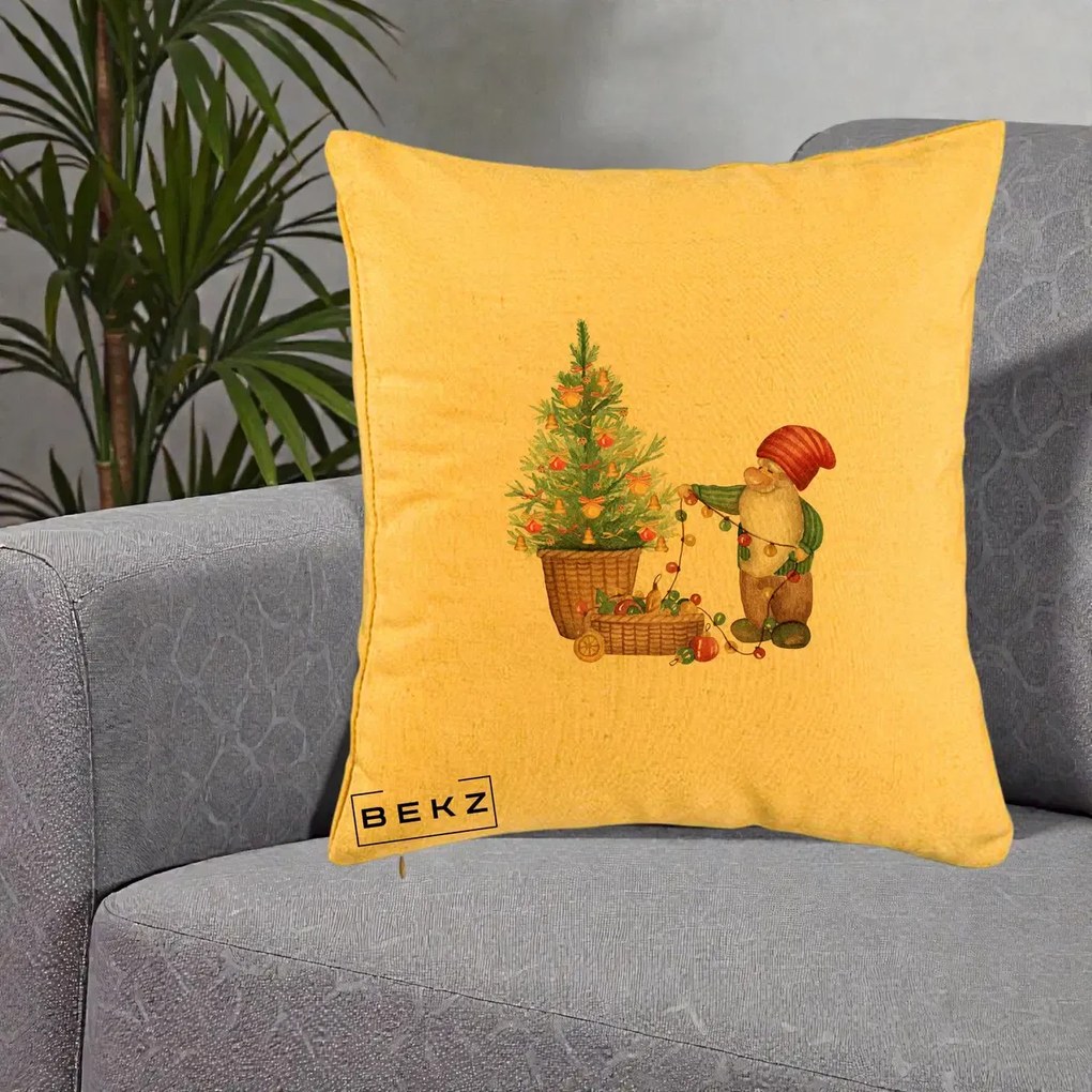 Perna Decorativa Pitic de Craciun cu Brad, 40x40 cm, Galben, Husa Detasabila, Perna Inclusa, BEKZ®