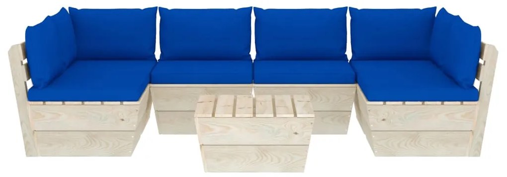 Set mobilier gradina din paleti cu perne, 7 piese, lemn molid Albastru, 2x colt + 4x mijloc + masa, 1