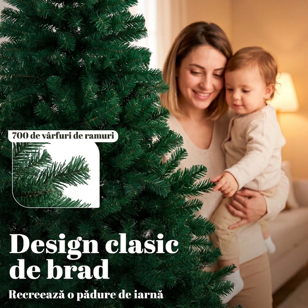 HOMCOM Brad Artificial de Crăciun 180 cm cu 700 Ramuri Ignifuge, Bază din Oțel,100x100x180 cm, Verde | Aosom Romania